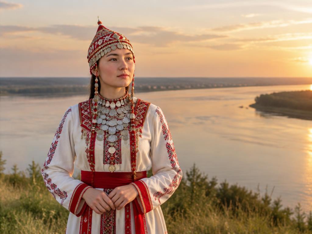 A woman in traditional Chuvash dress with coin jewelry and a khushpu headdress above the Volga river